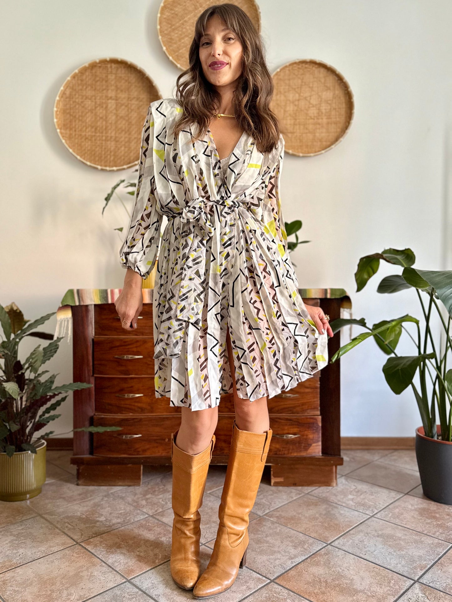 Y2k vintage cream silk texture wrap dress with pink, black and chartruse geometric print
