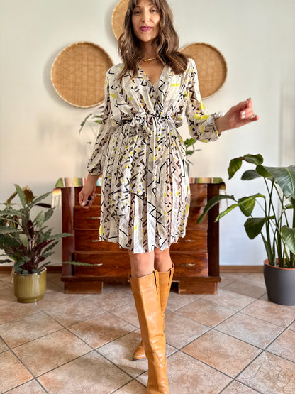 Y2k vintage cream silk texture wrap dress with pink, black and chartruse geometric print