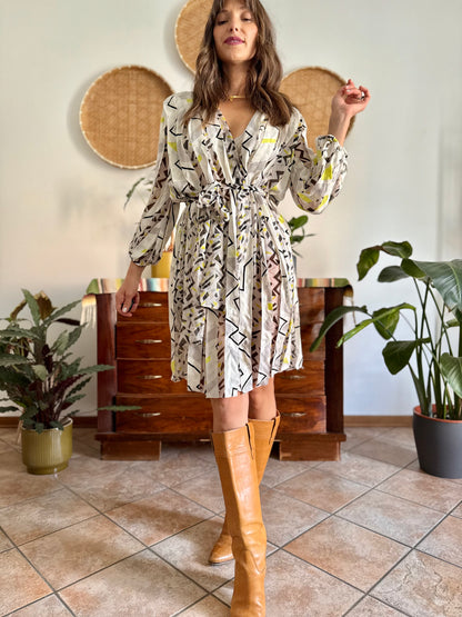Y2k vintage cream silk texture wrap dress with pink, black and chartruse geometric print