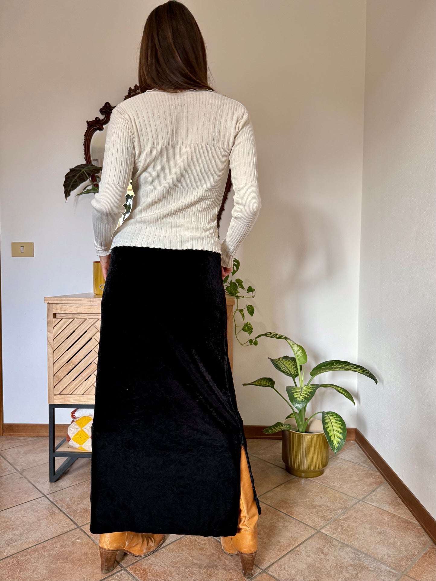 1990's vintage black velvet low waist maxi skirt with side slits