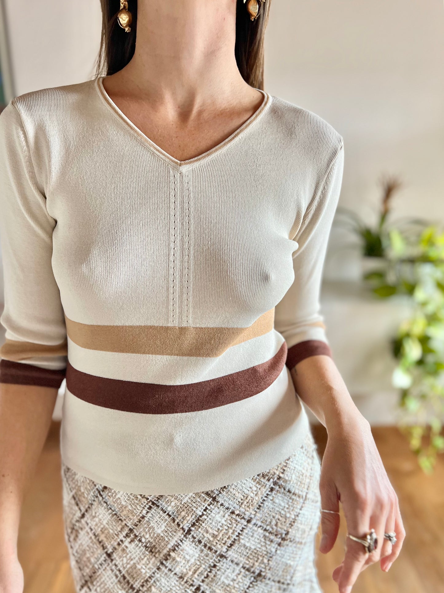 1970'S vintage beige knit top with brown and tan stripes