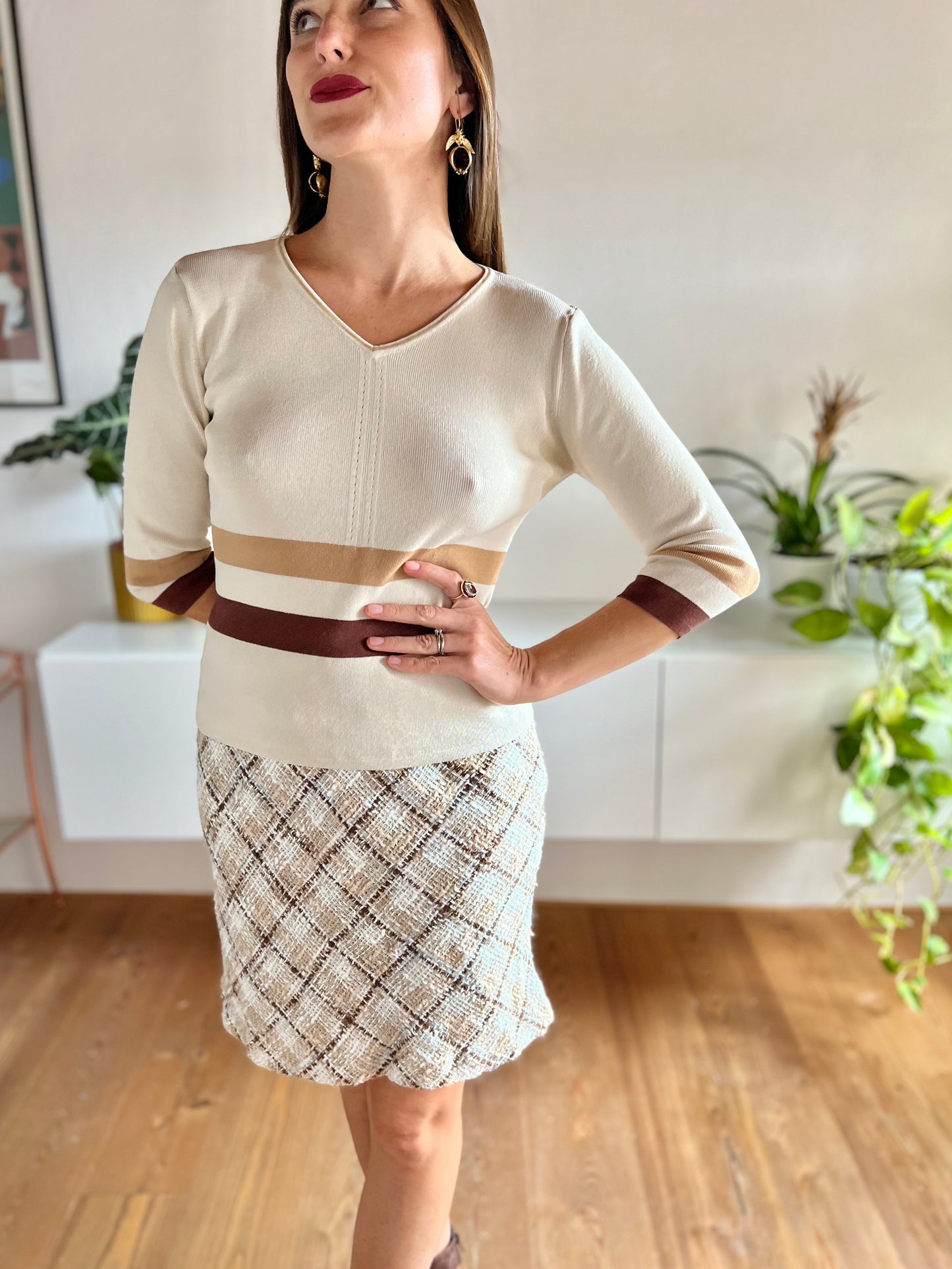 1970'S vintage beige knit top with brown and tan stripes