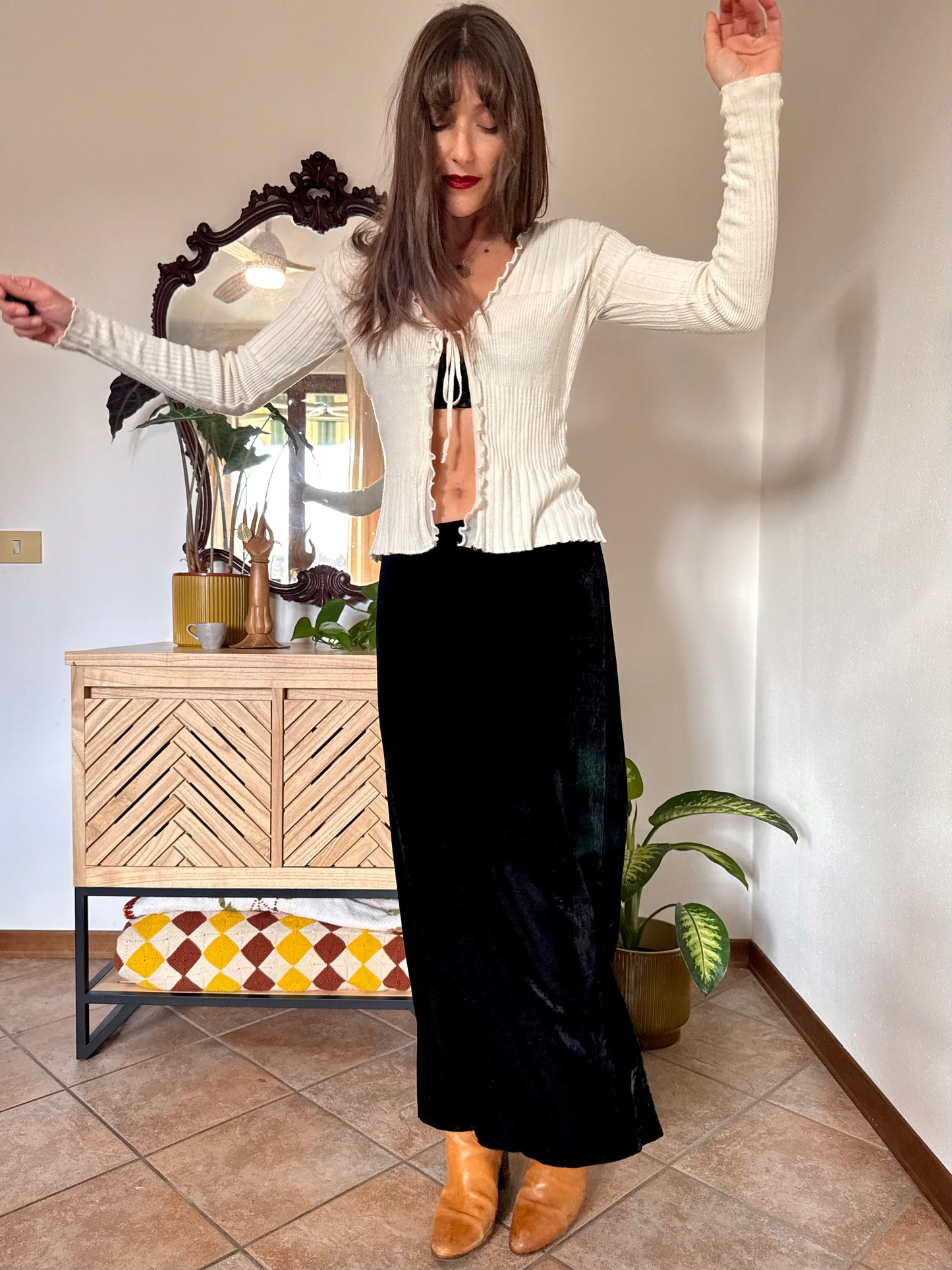 1990's vintage black velvet low waist maxi skirt with side slits