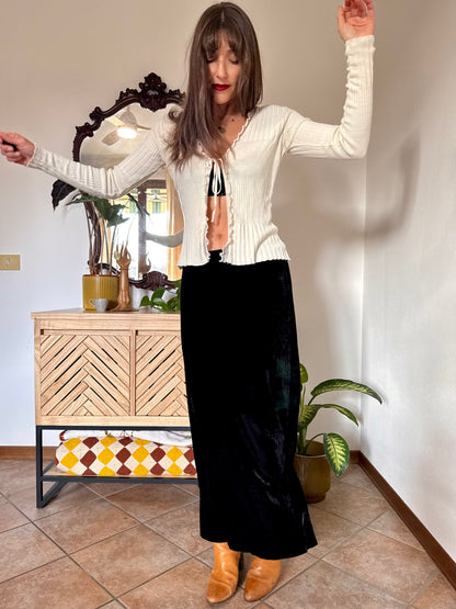 1990's vintage black velvet low waist maxi skirt with side slits