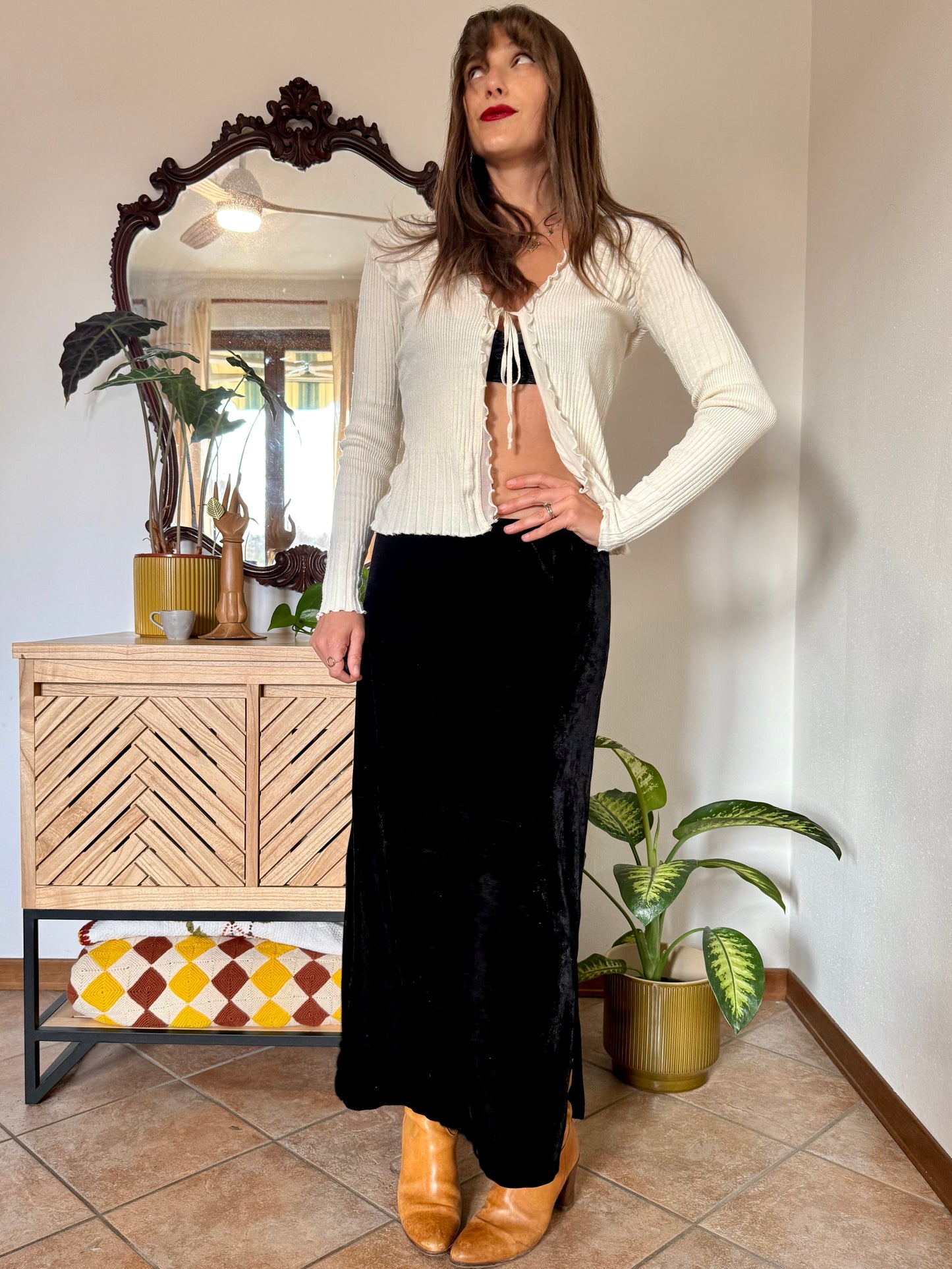 1990's vintage black velvet low waist maxi skirt with side slits