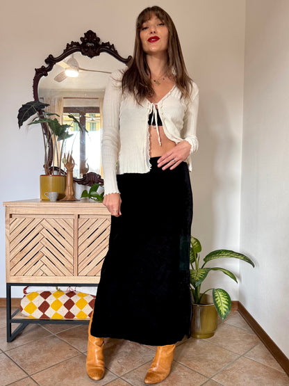 1990's vintage black velvet low waist maxi skirt with side slits