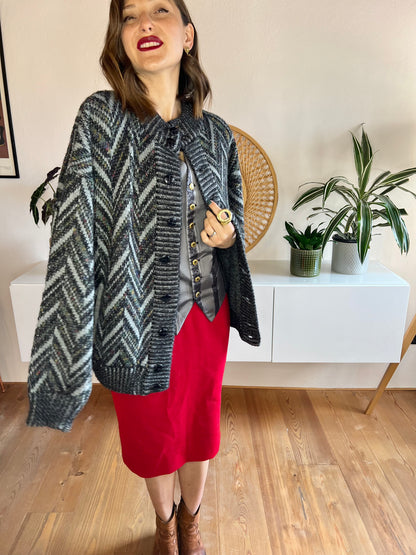 1970's vintage grey and black chevron cardigan with rainbow specks