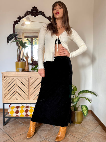 1990's vintage black velvet low waist maxi skirt with side slits