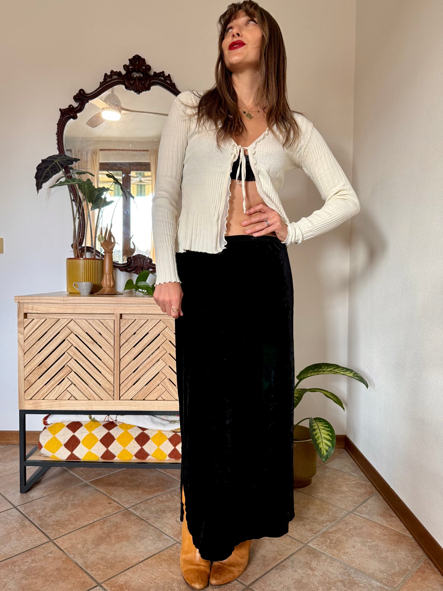 1990's vintage black velvet low waist maxi skirt with side slits