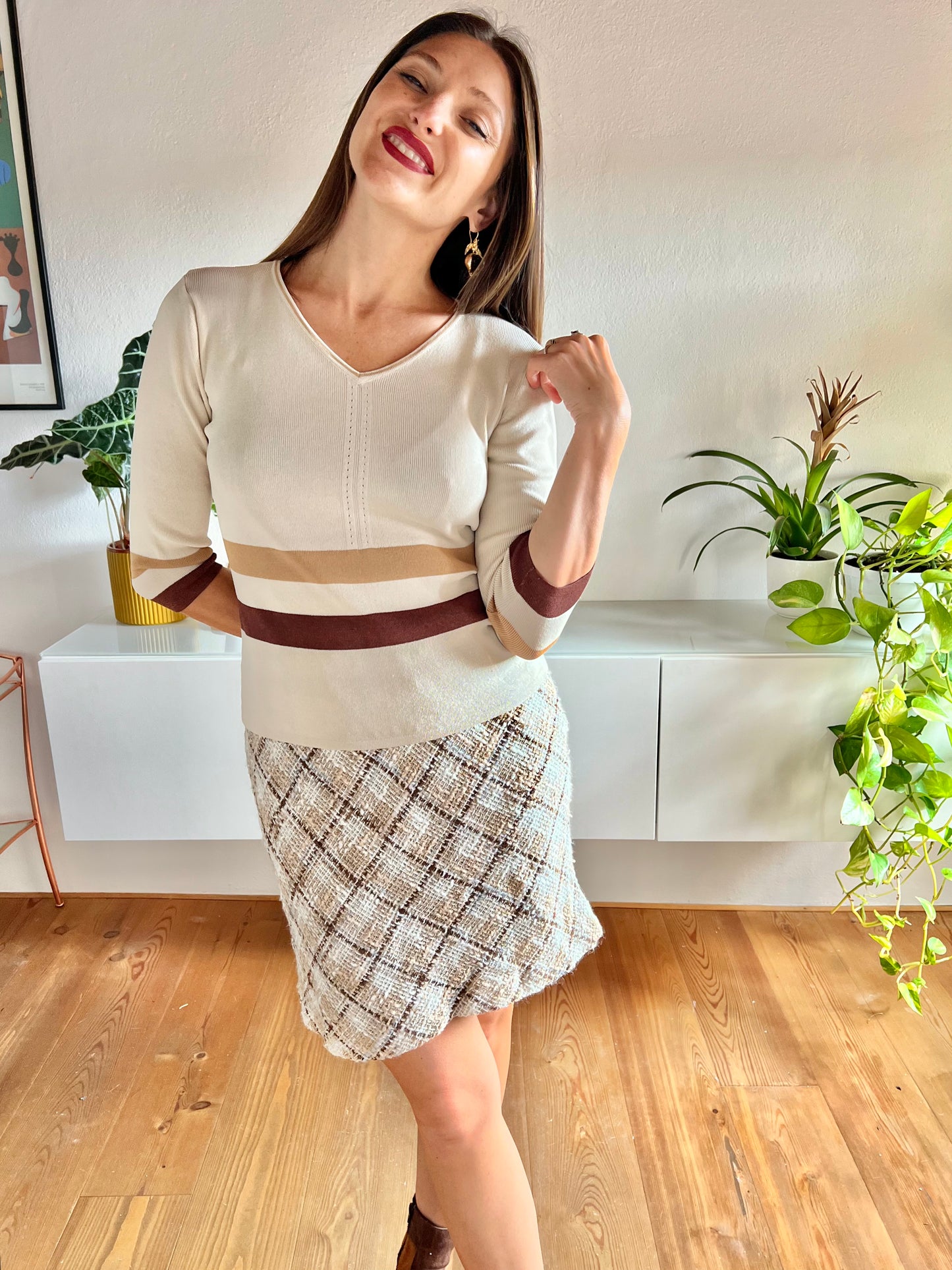 1970'S vintage beige knit top with brown and tan stripes