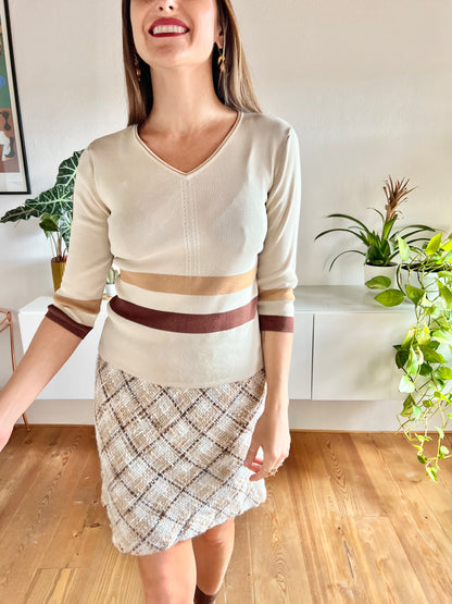 1970'S vintage beige knit top with brown and tan stripes