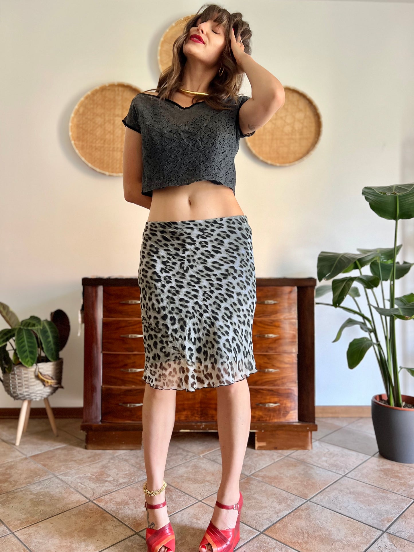 1990's vintage sheer grey and black animal print midi skirt