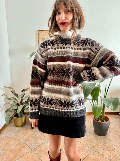 1990's vintage burgundy, grey and black geodetic stripe knit wool pullover