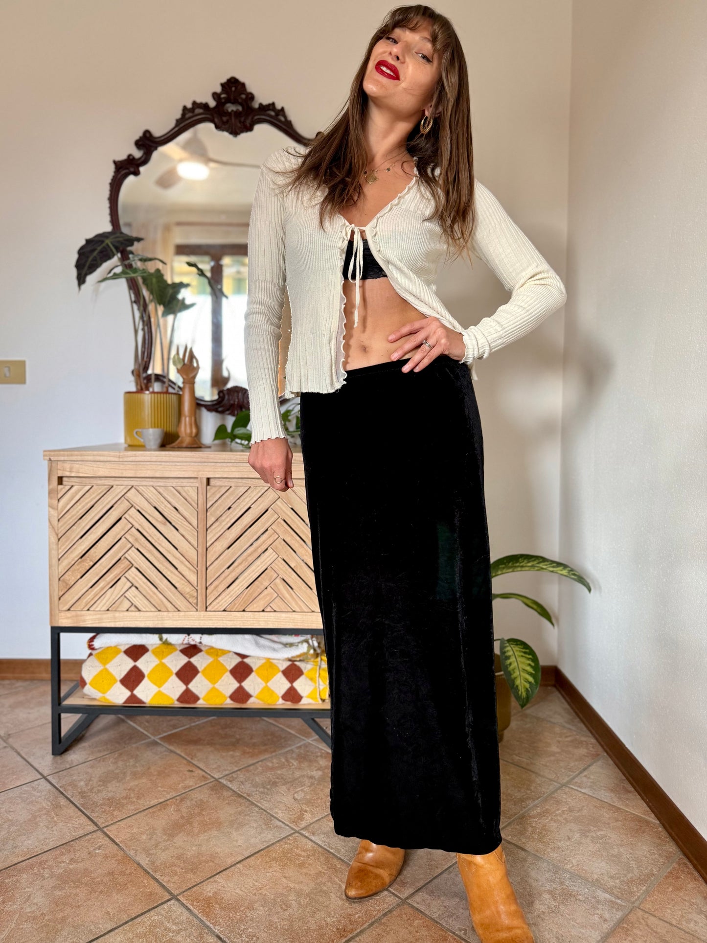 1990's vintage black velvet low waist maxi skirt with side slits