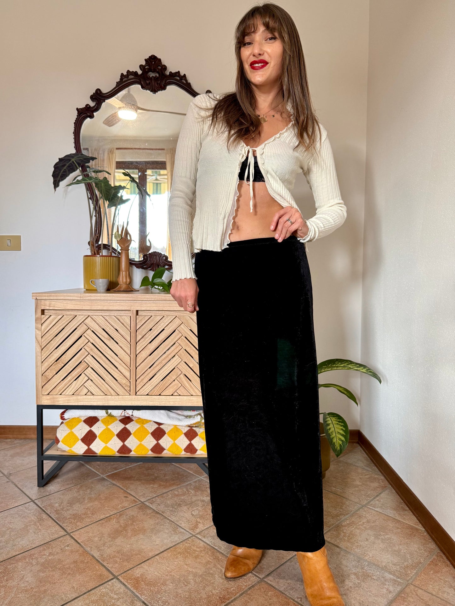 1990's vintage black velvet low waist maxi skirt with side slits