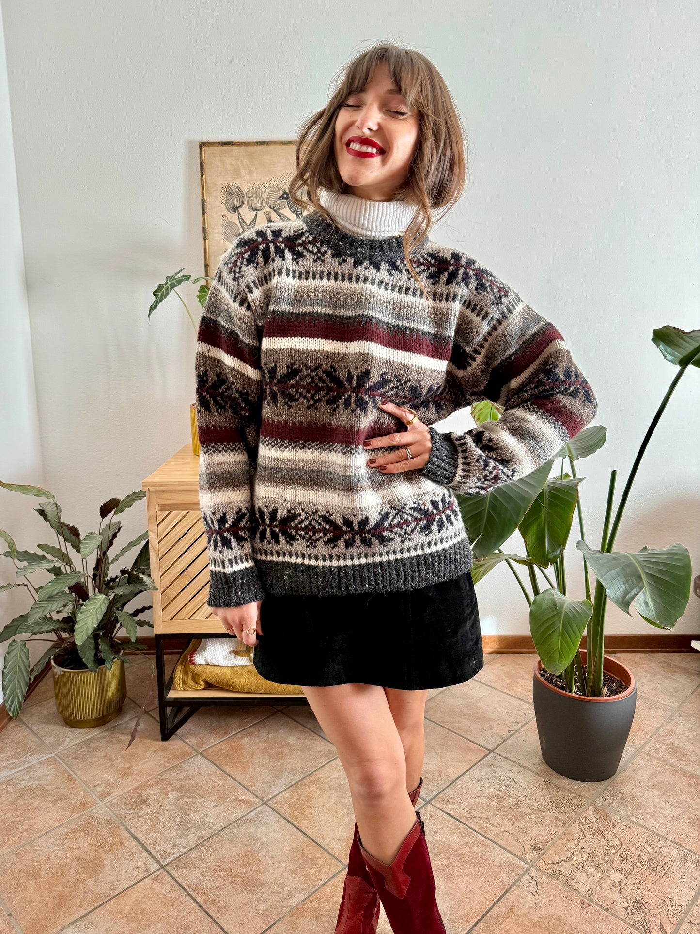 1990's vintage burgundy, grey and black geodetic stripe knit wool pullover