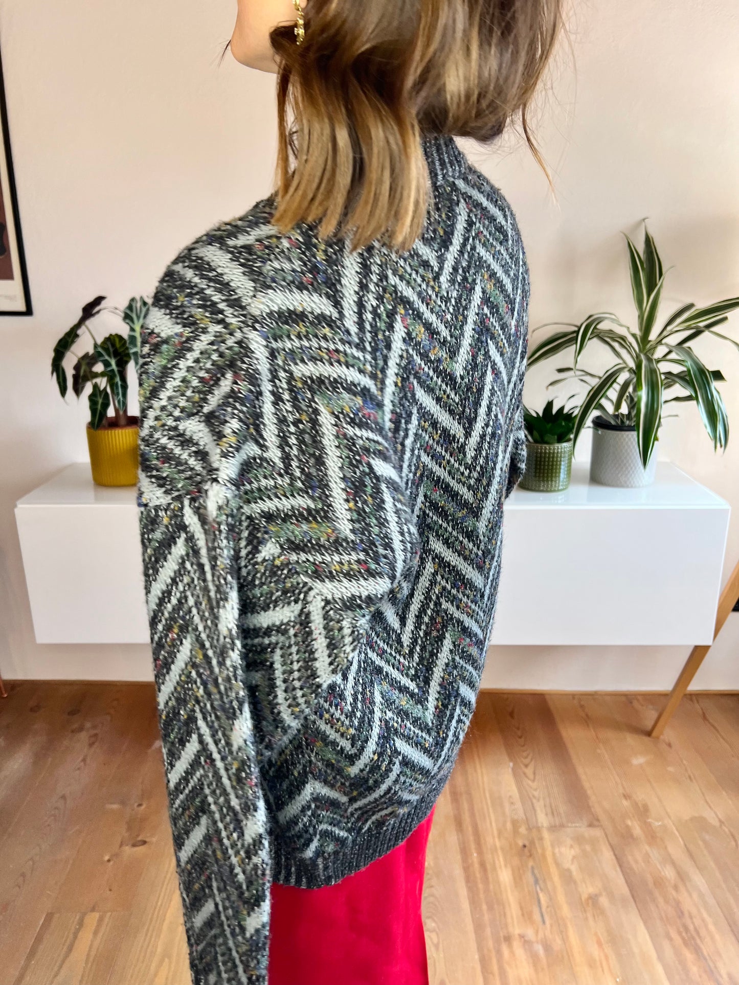 1970's vintage grey and black chevron cardigan with rainbow specks