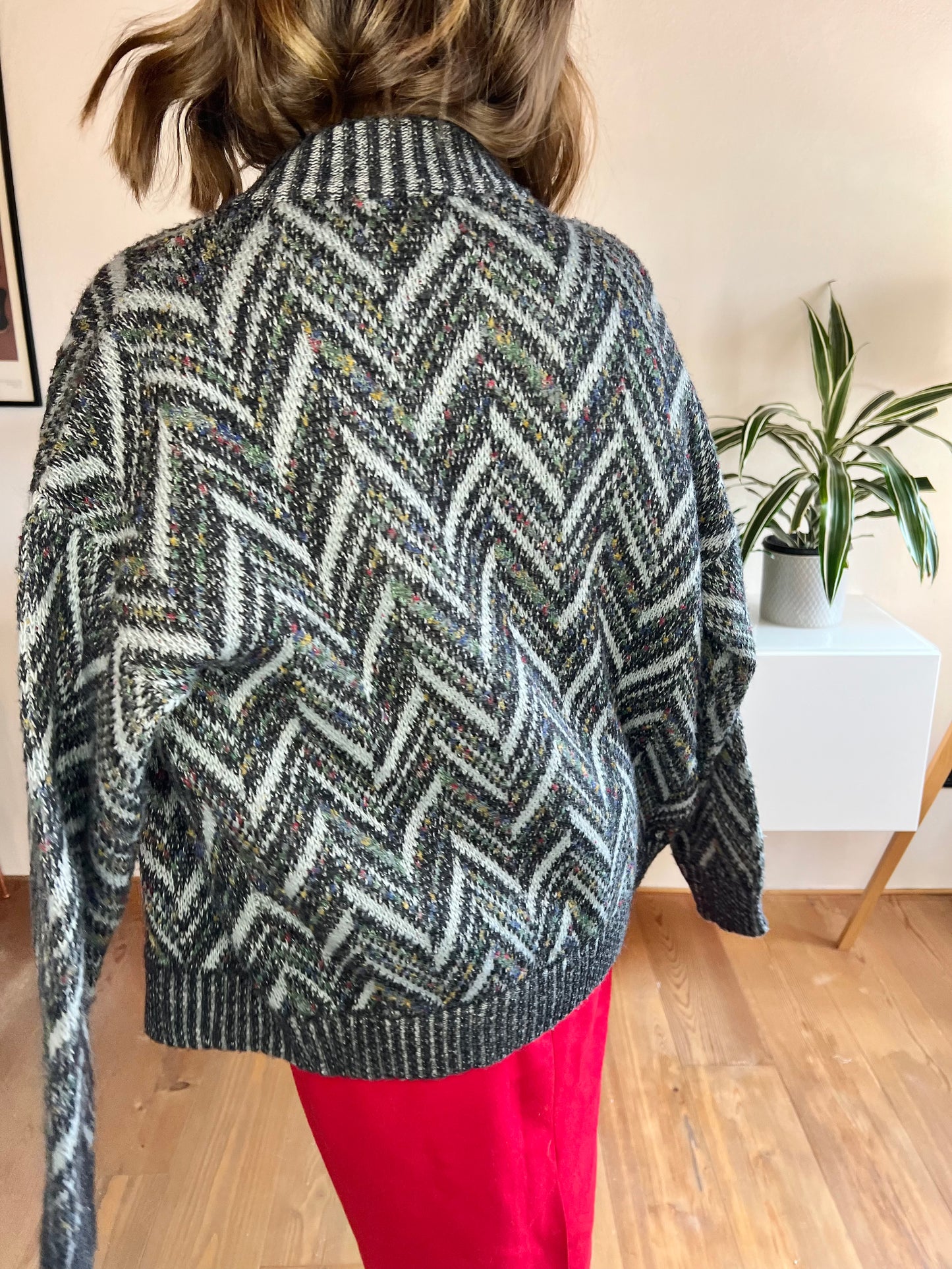 1970's vintage grey and black chevron cardigan with rainbow specks