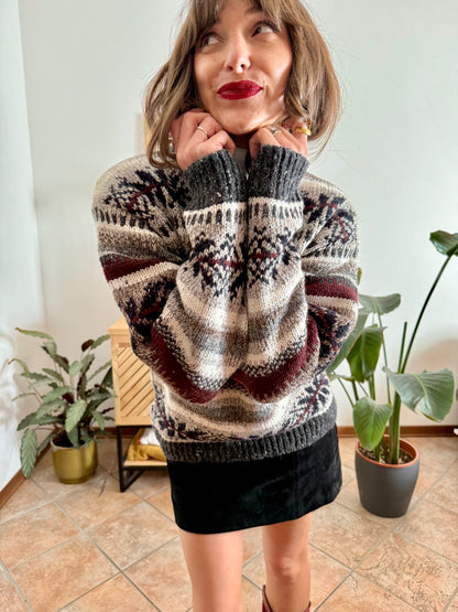 1990's vintage burgundy, grey and black geodetic stripe knit wool pullover