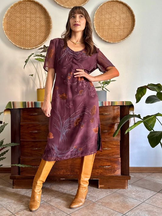 1990's vintage purple midi dress with orange and blue floral print