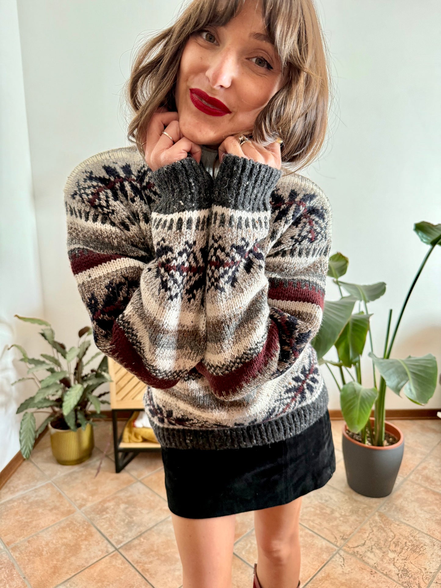 1990's vintage burgundy, grey and black geodetic stripe knit wool pullover