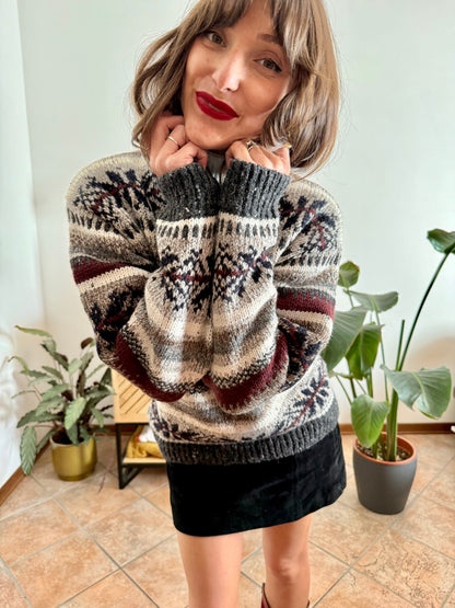 1990's vintage burgundy, grey and black geodetic stripe knit wool pullover