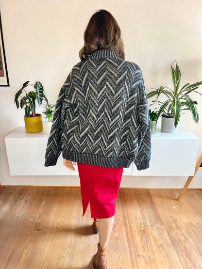 1970's vintage grey and black chevron cardigan with rainbow specks