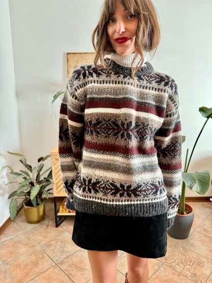 1990's vintage burgundy, grey and black geodetic stripe knit wool pullover