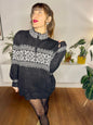 1970's vintage black and white oversize fair isle mock neck pullover