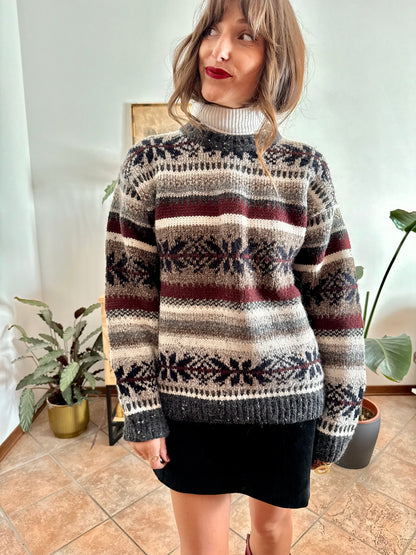 1990's vintage burgundy, grey and black geodetic stripe knit wool pullover
