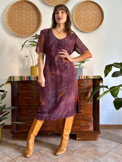 1990's vintage purple midi dress with orange and blue floral print