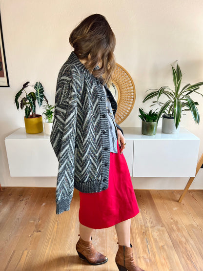 1970's vintage grey and black chevron cardigan with rainbow specks