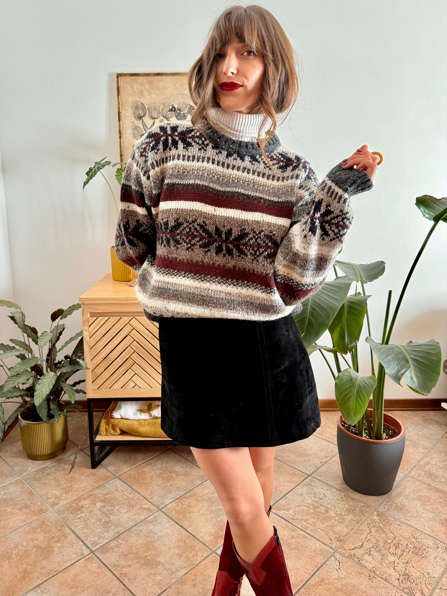 1990's vintage burgundy, grey and black geodetic stripe knit wool pullover