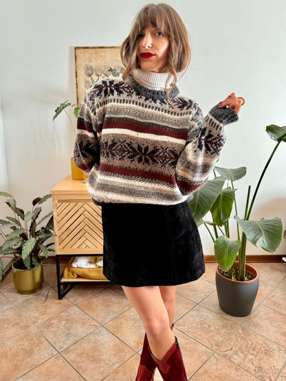 1990's vintage burgundy, grey and black geodetic stripe knit wool pullover