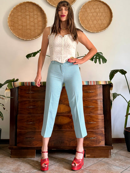 1970's vintage light blue and cream plaid capri pants