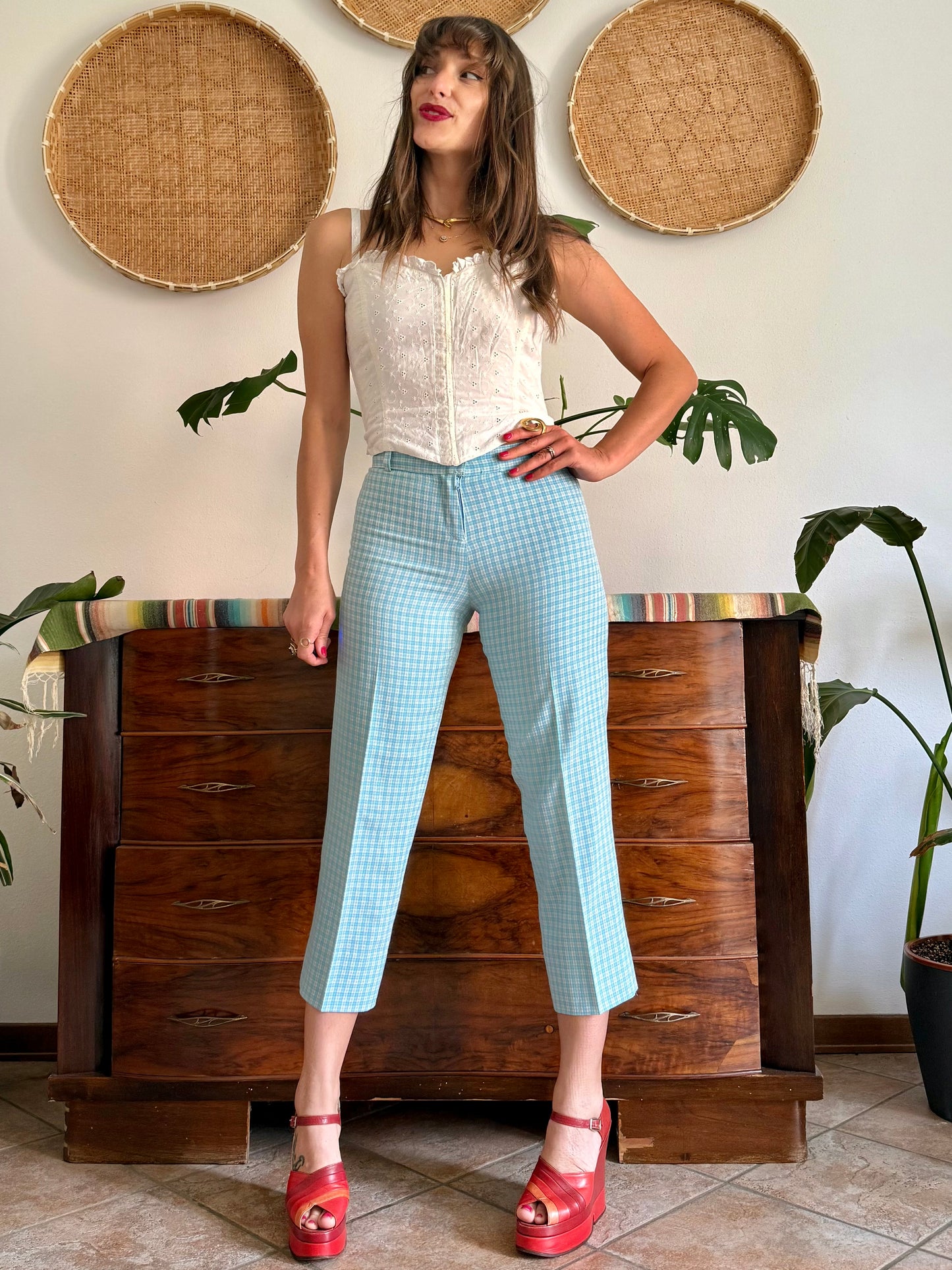 1970's vintage light blue and cream plaid capri pants