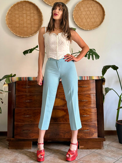 1970's vintage light blue and cream plaid capri pants
