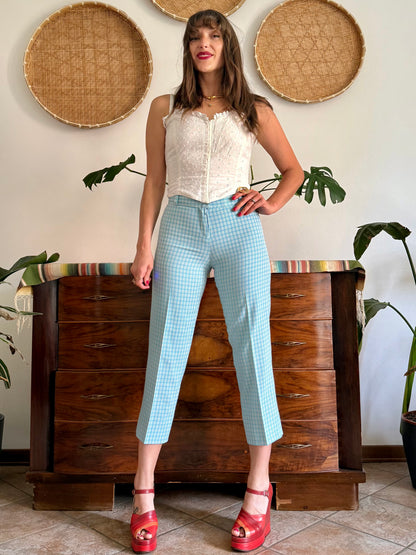 1970's vintage light blue and cream plaid capri pants