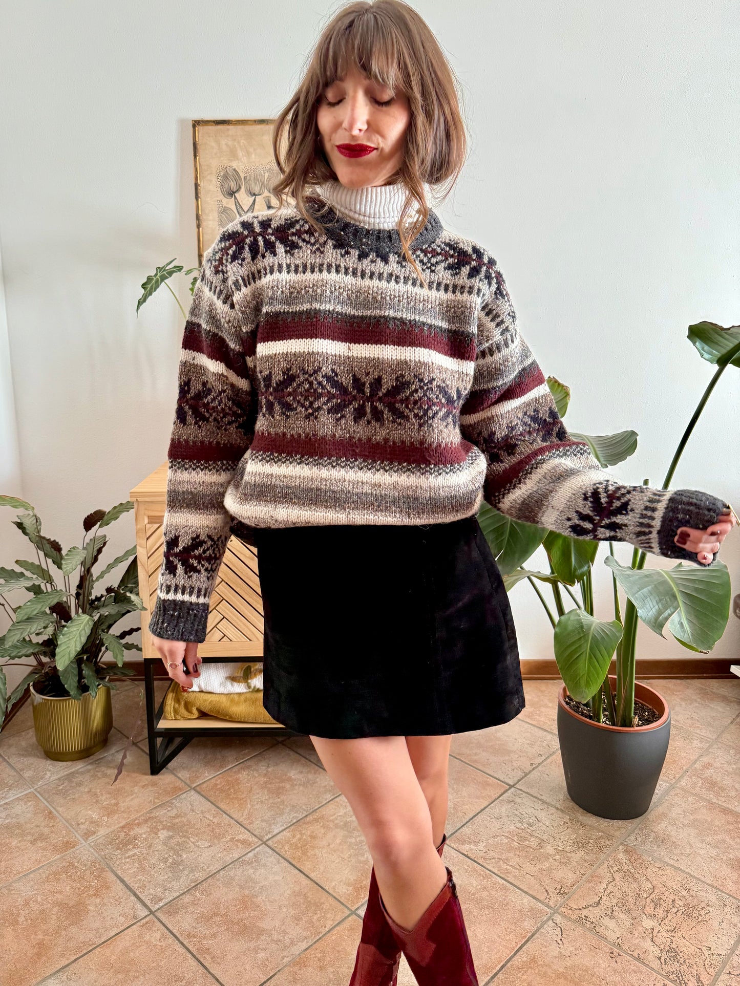 1990's vintage burgundy, grey and black geodetic stripe knit wool pullover