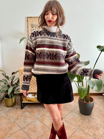 1990's vintage burgundy, grey and black geodetic stripe knit wool pullover