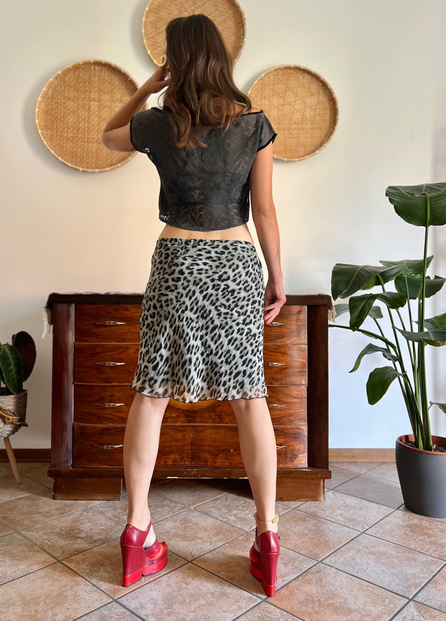 1990's vintage sheer grey and black animal print midi skirt