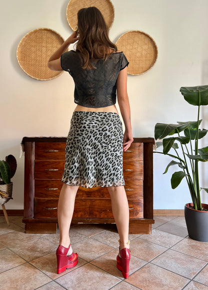 1990's vintage sheer grey and black animal print midi skirt