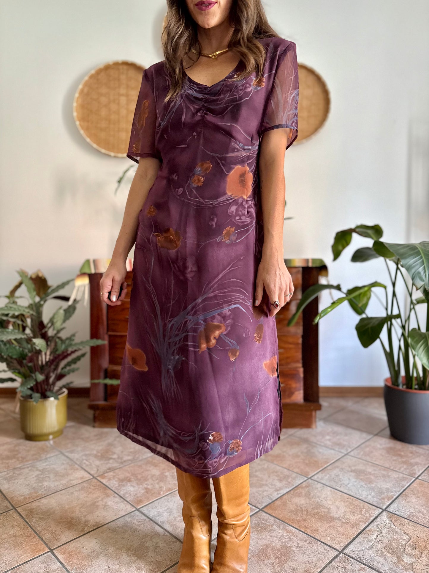 1990's vintage purple midi dress with orange and blue floral print