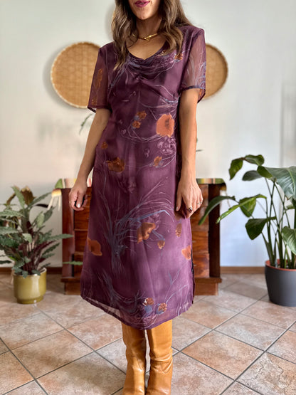 1990's vintage purple midi dress with orange and blue floral print