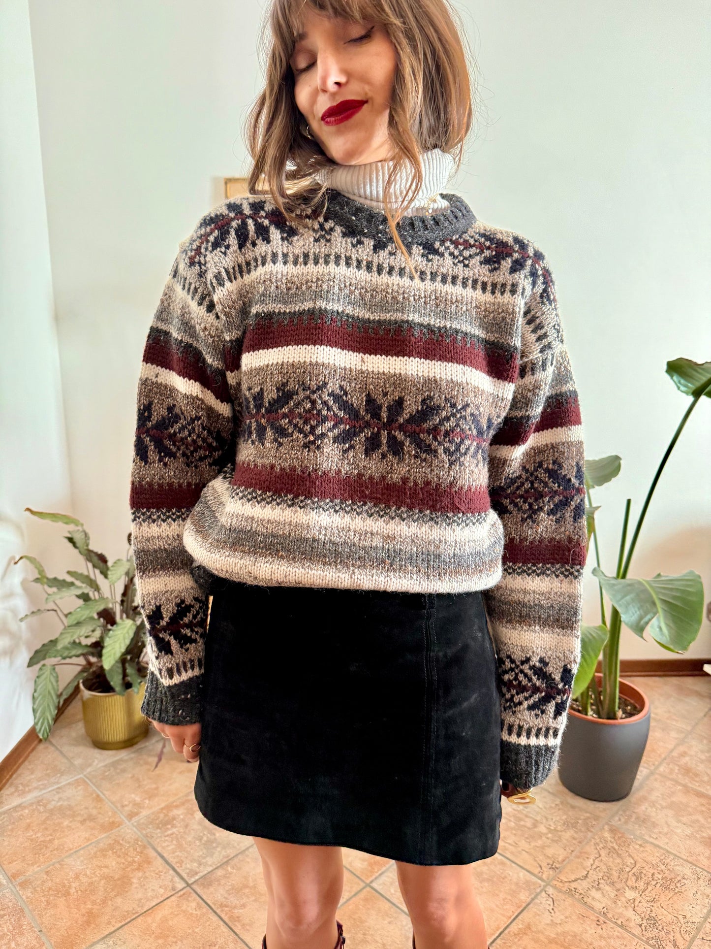 1990's vintage burgundy, grey and black geodetic stripe knit wool pullover