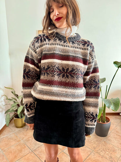 1990's vintage burgundy, grey and black geodetic stripe knit wool pullover