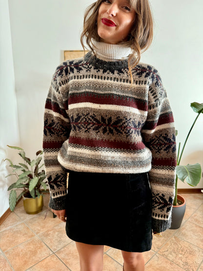 1990's vintage burgundy, grey and black geodetic stripe knit wool pullover