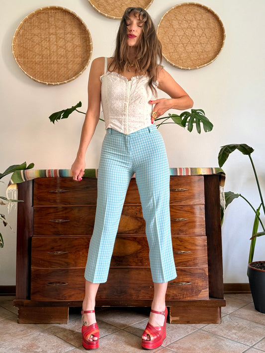 1970's vintage light blue and cream plaid capri pants