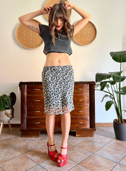 1990's vintage sheer grey and black animal print midi skirt