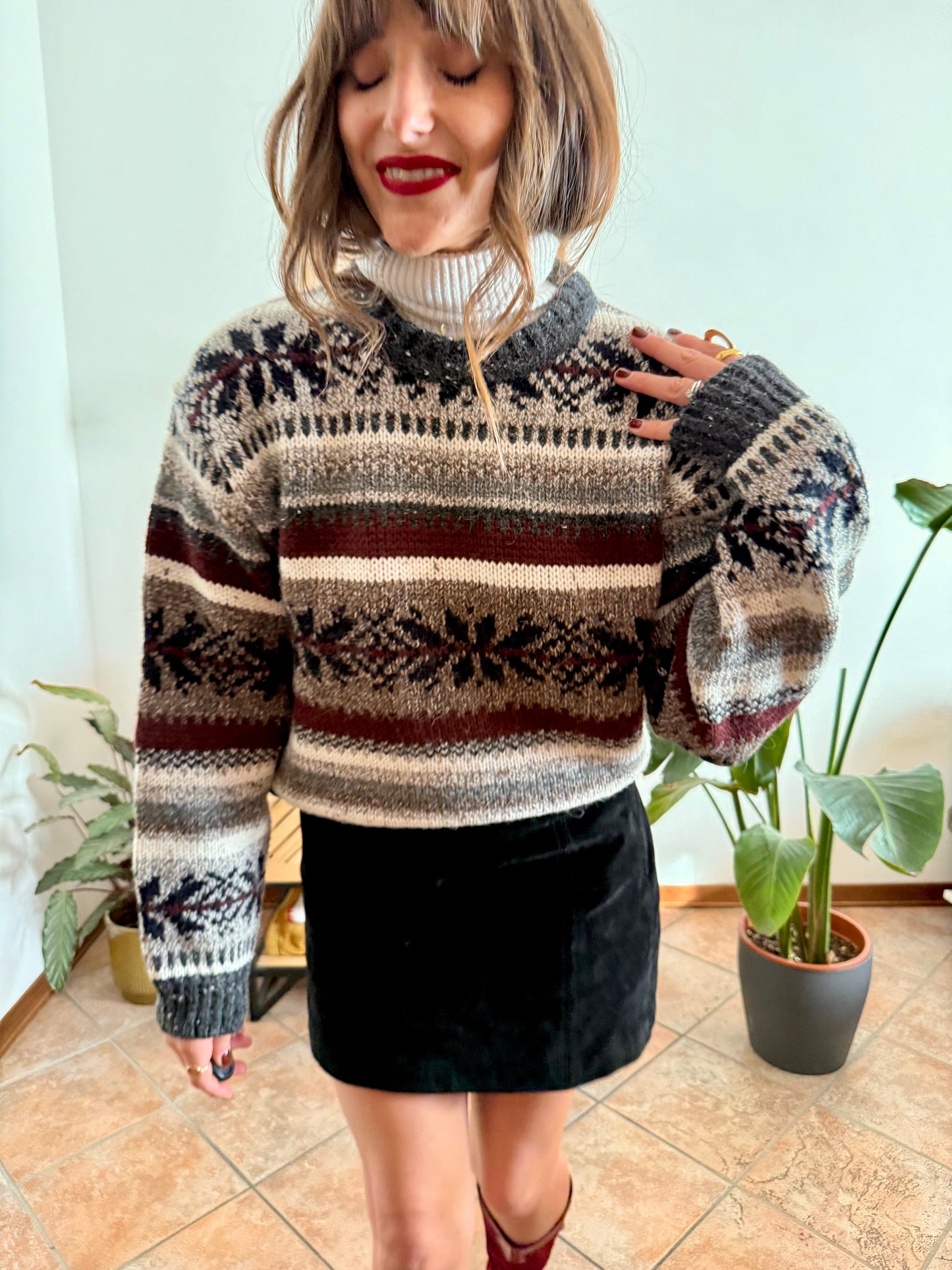 1990's vintage burgundy, grey and black geodetic stripe knit wool pullover